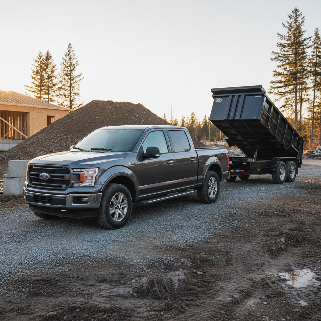 a photo of a Ford F-150 truck with a dump trailer, no company logos, realistic style